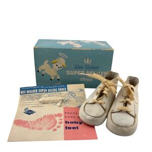 Vintage 1960 Wee Walker Baby Shoes White‎ Leather High Tops Box Pamphlet Sz 1
